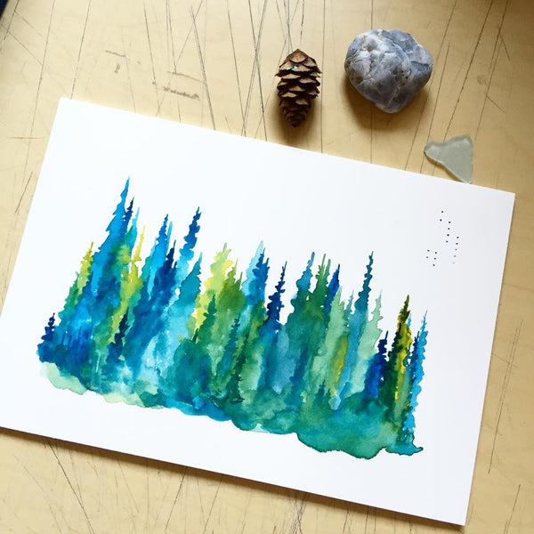 Treeline Pines - Watercolor Art Print