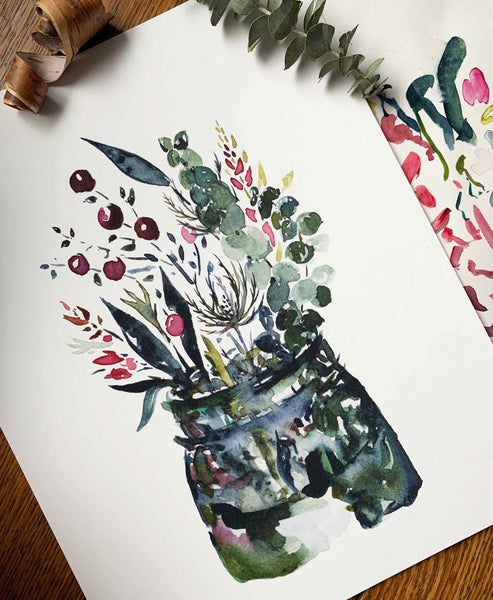 Winter Berry Bouquet - Watercolor Art Print